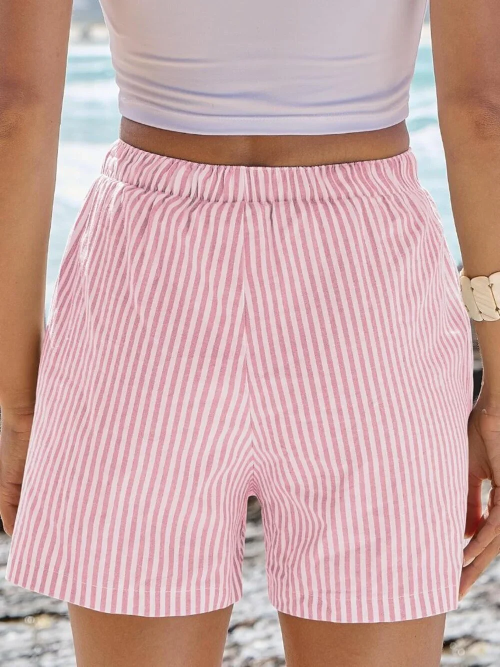 Women's Pink White Stripe Boxer Shorts for Gingham  Summer Lounge Sleep Shorts